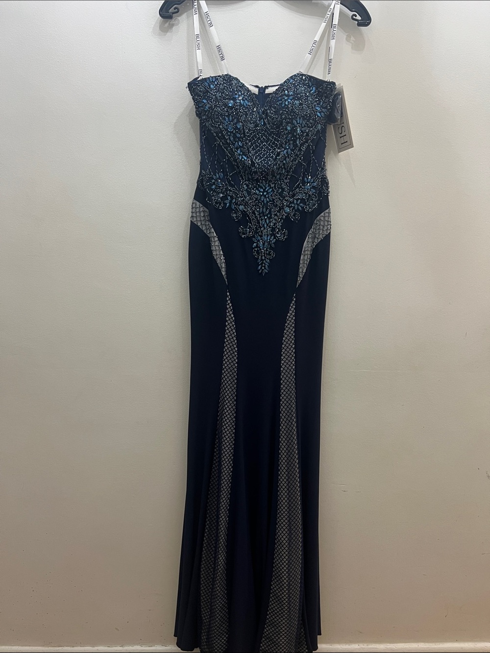 Blush Strapless Navy Beaded Mermaid Gown - Picture 6 of 9
